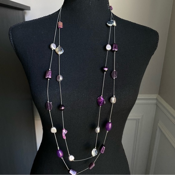 Long Double Strand Purple & Silver Bead Necklace & Earring Set - Picture 1 of 6